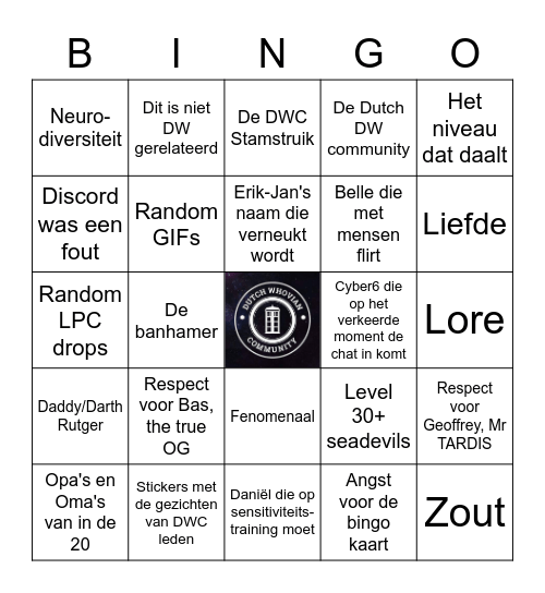 Dutch Whovian Community Discord Bingo Card