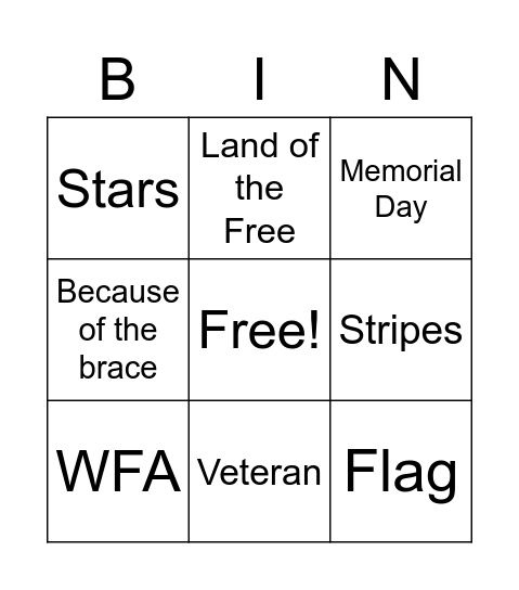 WFA Bingo Card