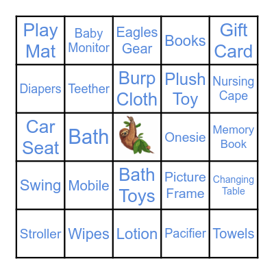 Sloth-themed Baby Shower Bingo Card