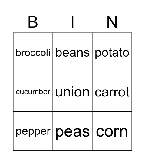 Vegetables Bingo Card