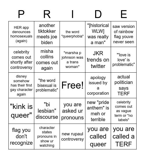 Pride 2023 Bingo Card