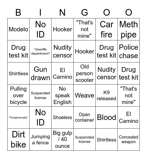 Why you sweating? Watching Cops Bingo Card