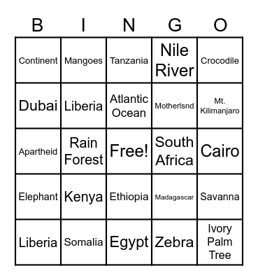 Motherland Bingo Card