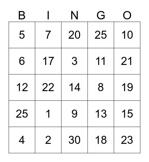 Number 1- 30 Bingo Card