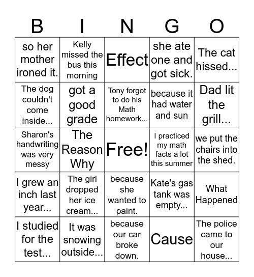 Cause and Effect Bingo Card