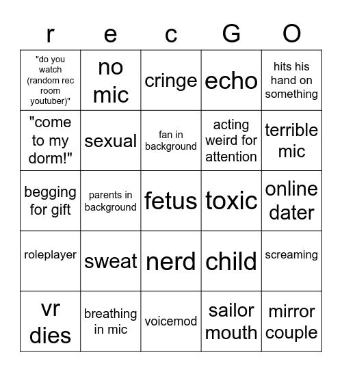 rec room bingo Card