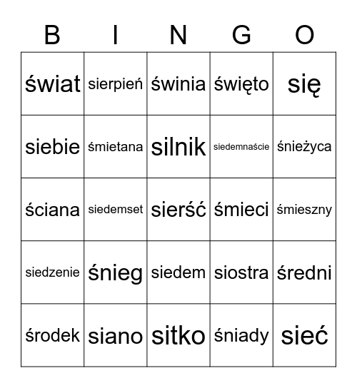 Głoski ś, si Bingo Card