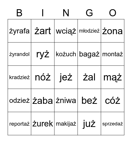 Fonetyka: głoska ż Bingo Card