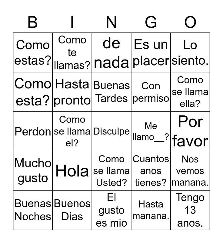 Frases Basicas Bingo Card