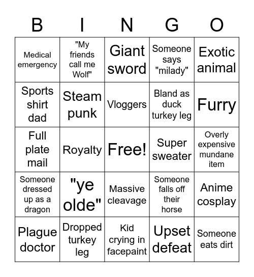 Ren faire Bingo Card