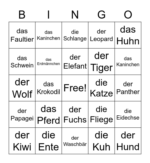 Tiere Bingo Card