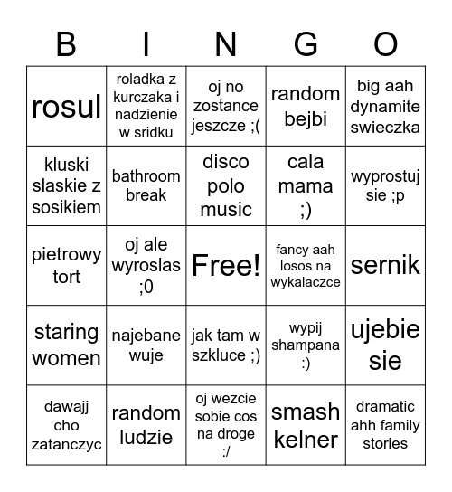 polish birthday party w lokalu Bingo Card