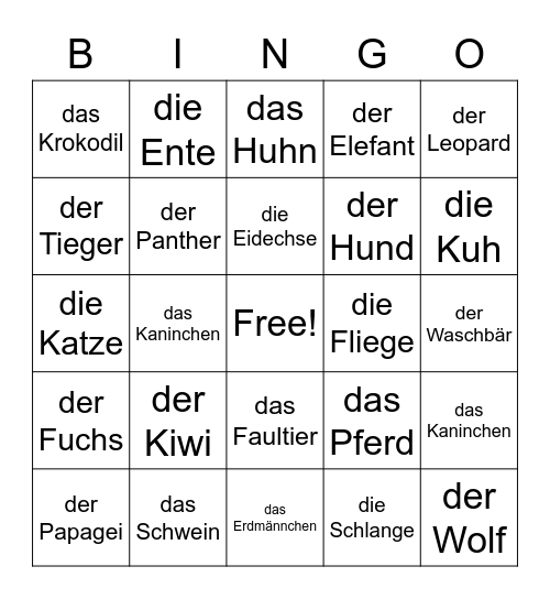 Tiere Bingo Card