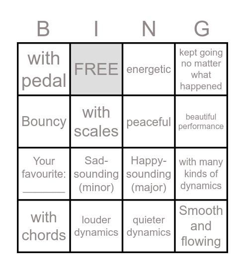 Performance Class Bingo Card