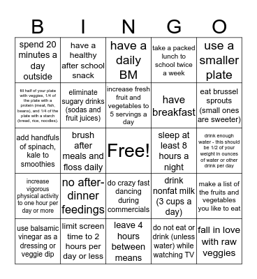 Healthy Life Bingo Card