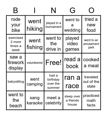 What did you do over the Summer!!!! Bingo Card