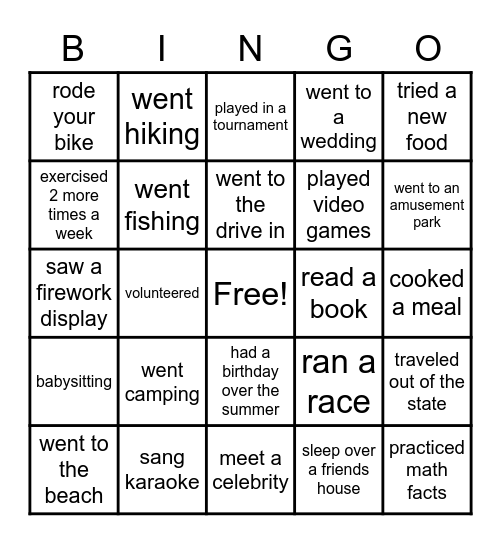 What did you do over the Summer!!!! Bingo Card