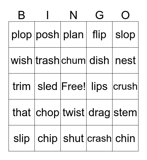 short vowels with blends Bingo Card