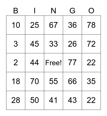 Number Bingo Card