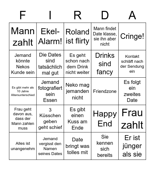 First Dates Bingo Card