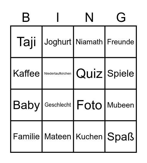 Baby Party Bingo Card