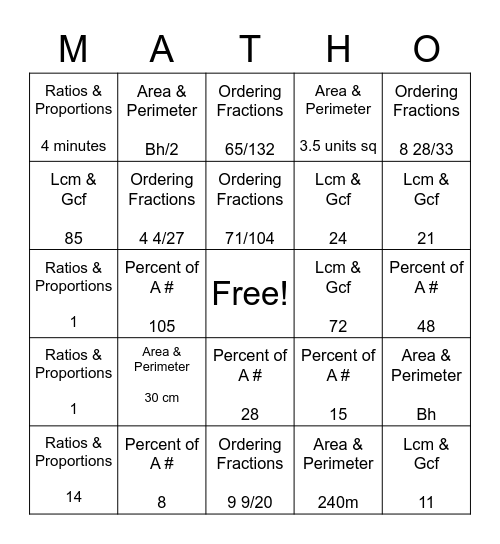 Math 5 In A Row Bingo Card