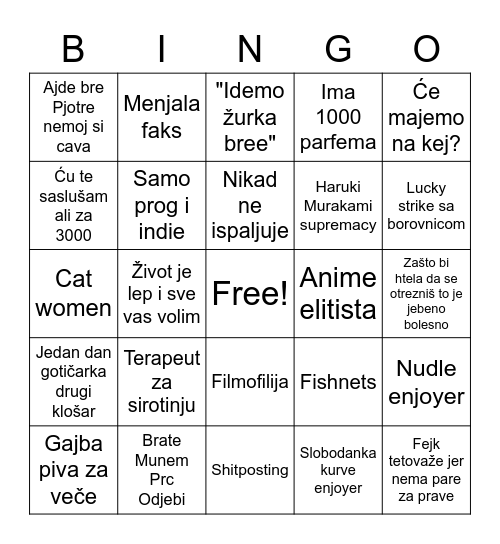 Džoci Bingo Card