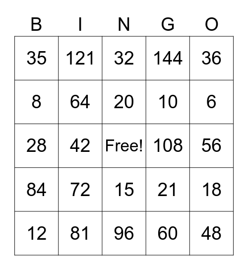 Multiplication Bingo Card