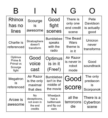 Rise of the Beasts Bingo Card