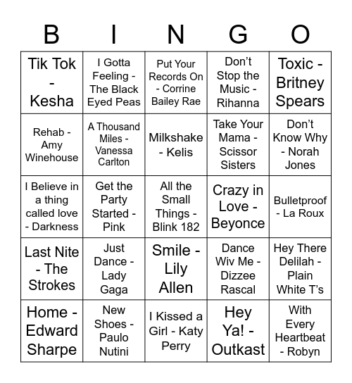 00s Music Bingo Card