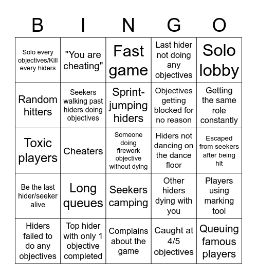 Hypixel Hide and Seek Bingo Card