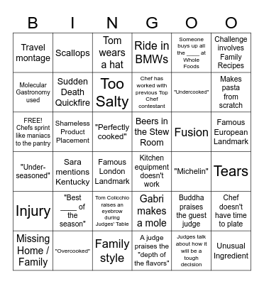 Top Chef Bingo Season 20 Bingo Card