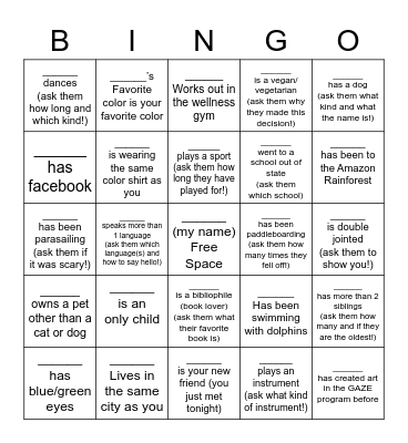 GAZE: The Art of Friendship Bingo Card