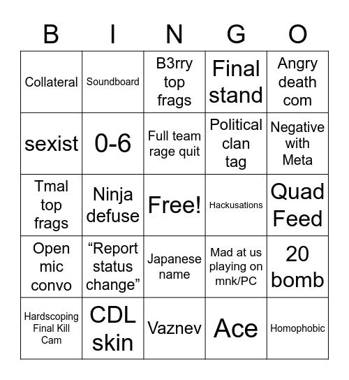 CALL OF DUTY: BINGO WARFARE Bingo Card