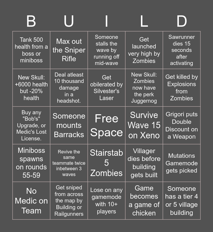 Zombie Riot Bingo Card