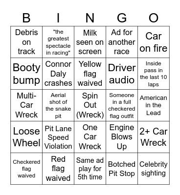 Indy 500 Bingo Card