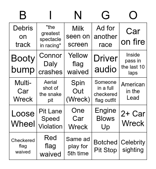 Indy 500 Bingo Card