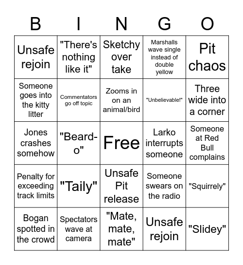 Supercars Bingo Card