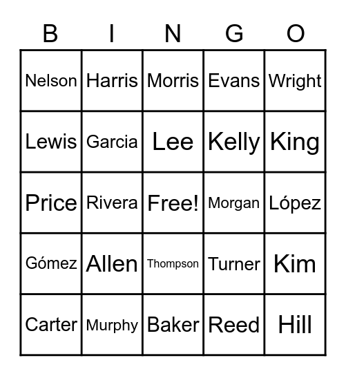 Last Names Bingo Card