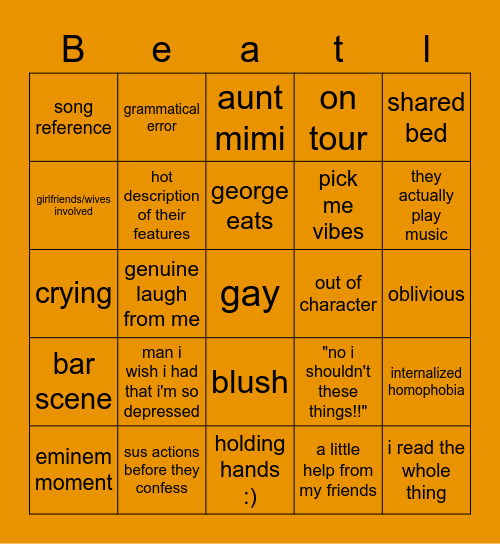 beatles fanfiction bingo Card