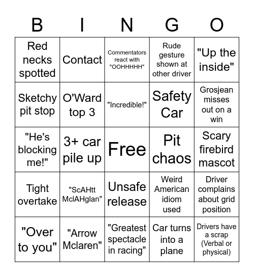 Indy Car Bingo Card