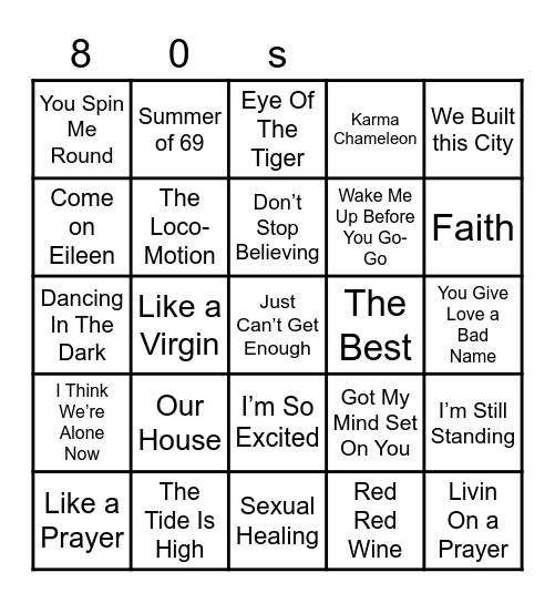 80's Disco Bingo Card
