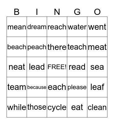 Spelling Bingo Card
