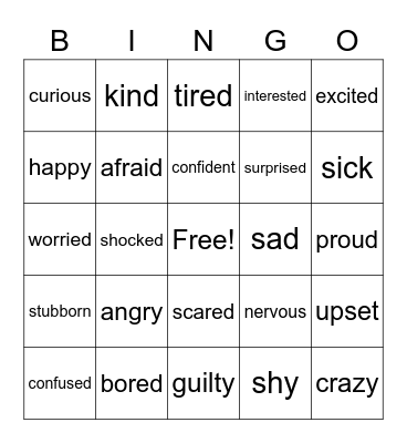 Feelings and Emotions Bingo Card