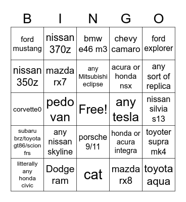 (google maps) LA car spotter Bingo Card
