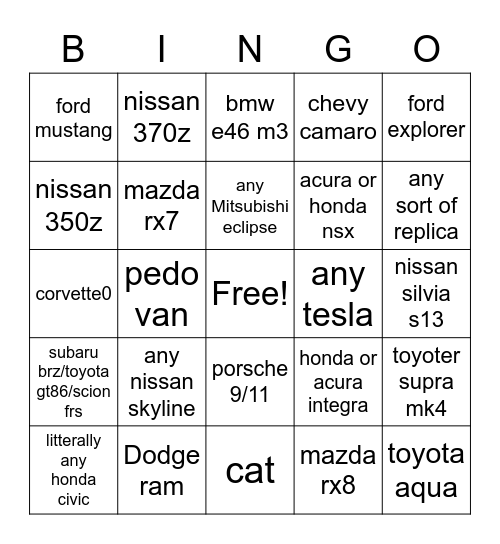 (google maps) LA car spotter Bingo Card