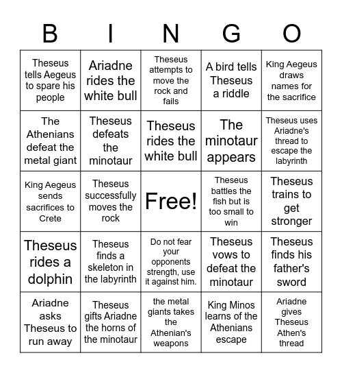 Theseus and the Minotaur Bingo Card