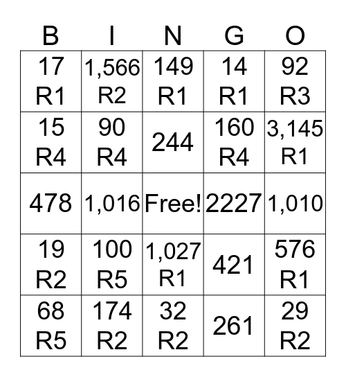 Division Bingo Card