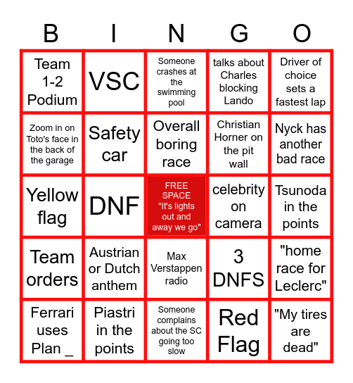 F1 Bingo Card