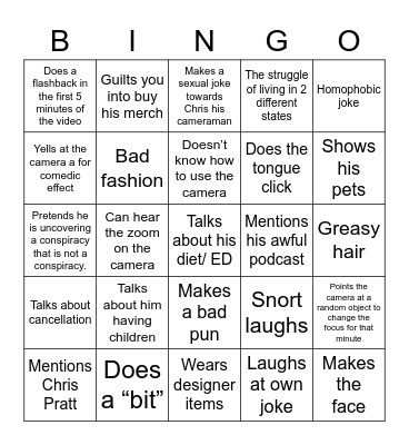 Shane Dawson Video Bingo Card